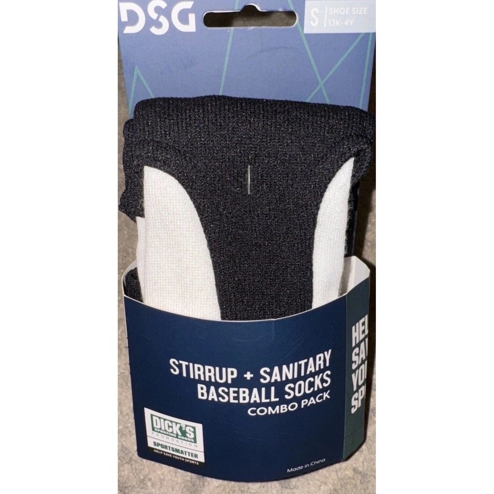 DSG STIRUP + SANITARY Combo Youth Sz 13K - 4Y WHITE / BLACK BASEBALL SOCKS‎ NEW
